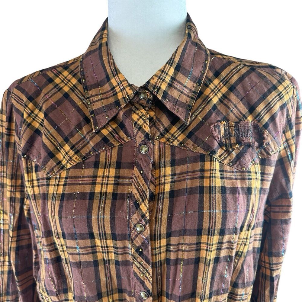 Western Shirt Embroidered XXL 2XL Brown Pearl Snap Cowgirl Long Sleeve Studded